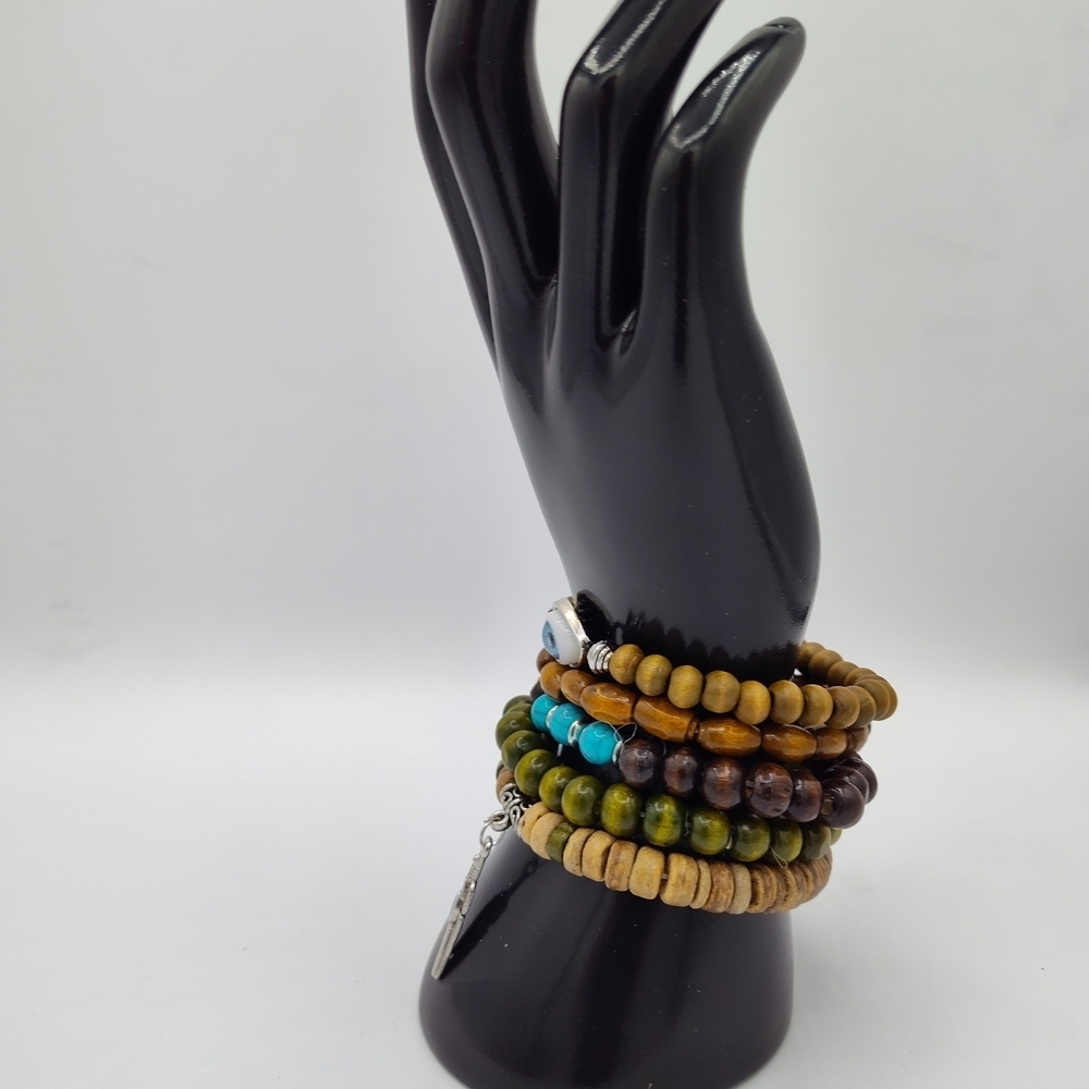 Hamsa Beaded 5-piece Bracelet Set with Turquoise & Silver Feather Dangle Detail - Picture 4 of 4